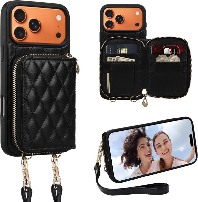 Keallce Case for iPhone 17 Pro Max 6.9'' Wallet Case, Crossbody Zipper Purse with Wrist Strap Lanyard Handbag, RFID Blocking Card Holders, Kickstand Flip Leather Cover for iPhone 17 Pro Max, Black - Image 1
